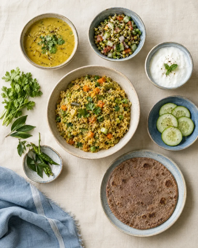 Bowls of dal, millet khichdi, sprouts and curd on linen, seen from above