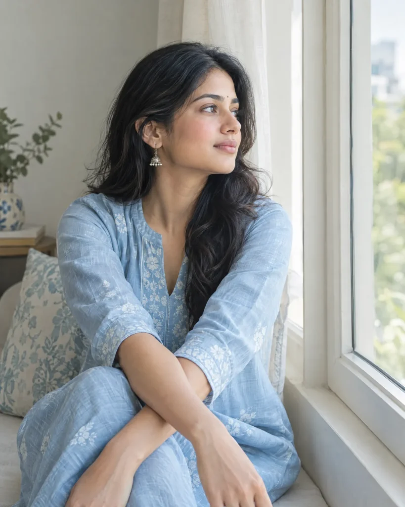 Young woman sitting calmly on a window seat at home