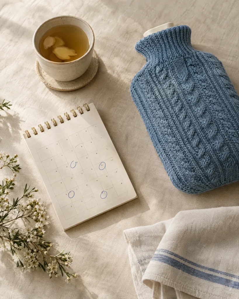 Cycle calendar, hot-water bottle and ginger tea on linen