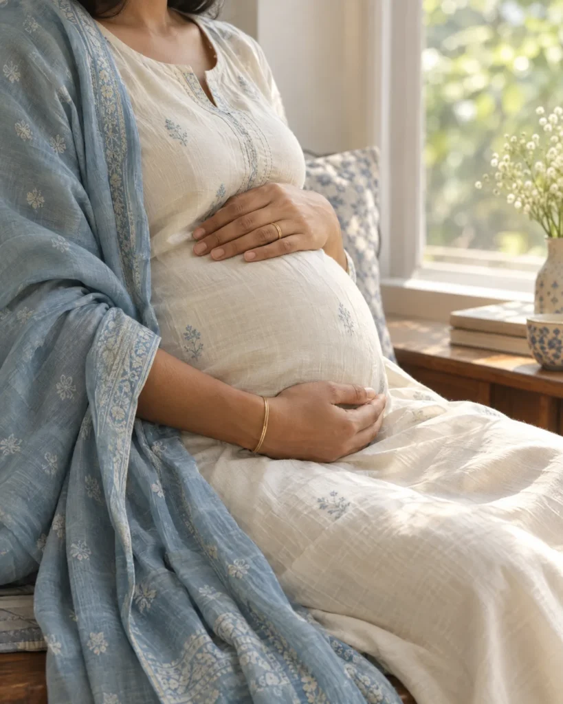 Pregnant woman's hands resting on her belly by a window