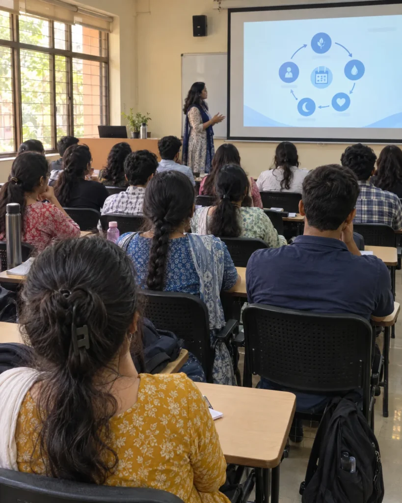 Students listening to a speaker beside a slide in a college seminar room