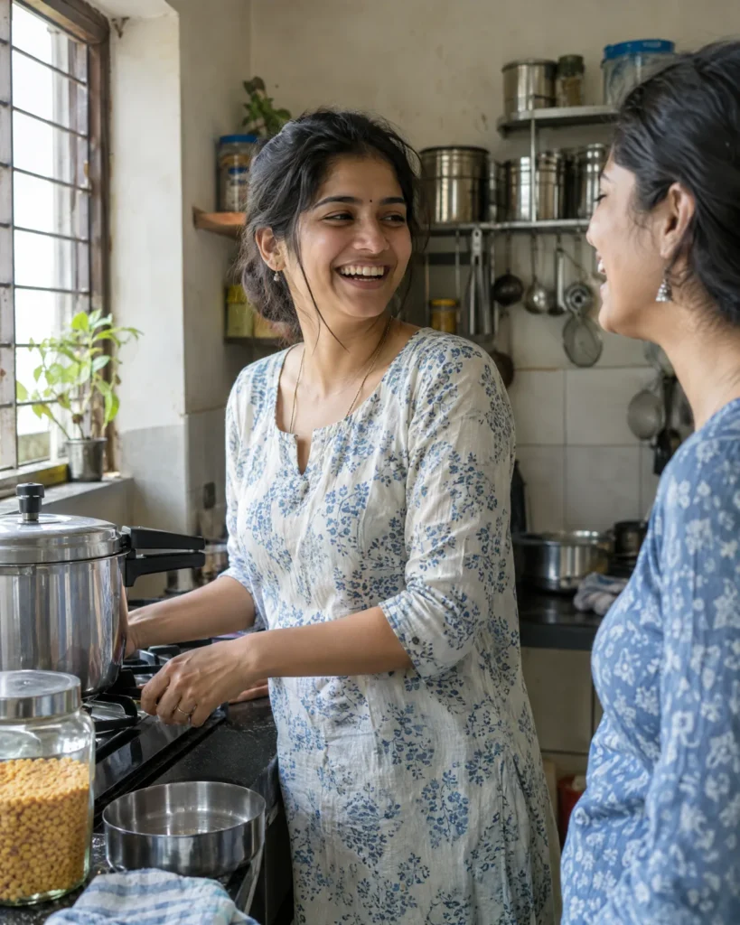 Young Indian woman laughing with a friend in a sunlit home kitchen