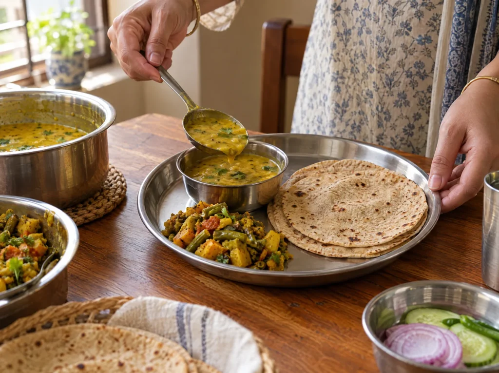 Hands serving dal, roti and sabzi onto a steel plate at home