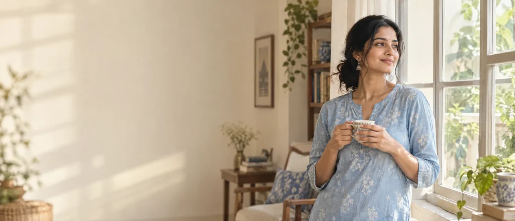 Woman in a blue kurta smiling by a sunlit window, holding a cup of chai