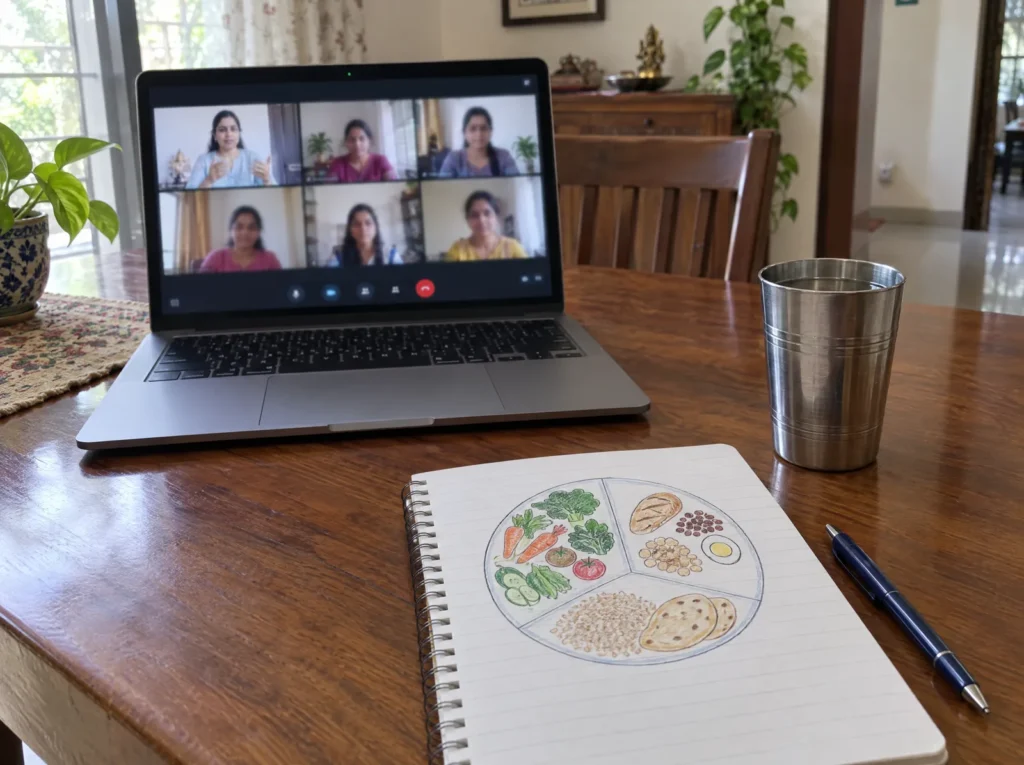 Laptop showing a live group class beside a notebook with a hand-drawn plate