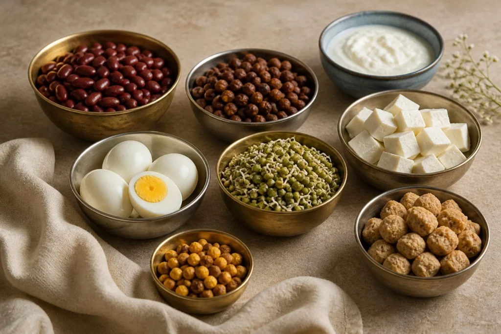Bowls of dal, rajma, eggs, paneer, sprouts and chana, everyday protein foods for hair