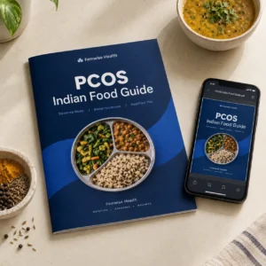 The PCOS Indian Food Guide booklet and PDF on a phone