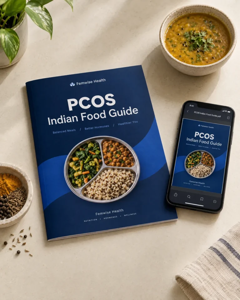 The PCOS Indian Food Guide booklet and PDF on a phone