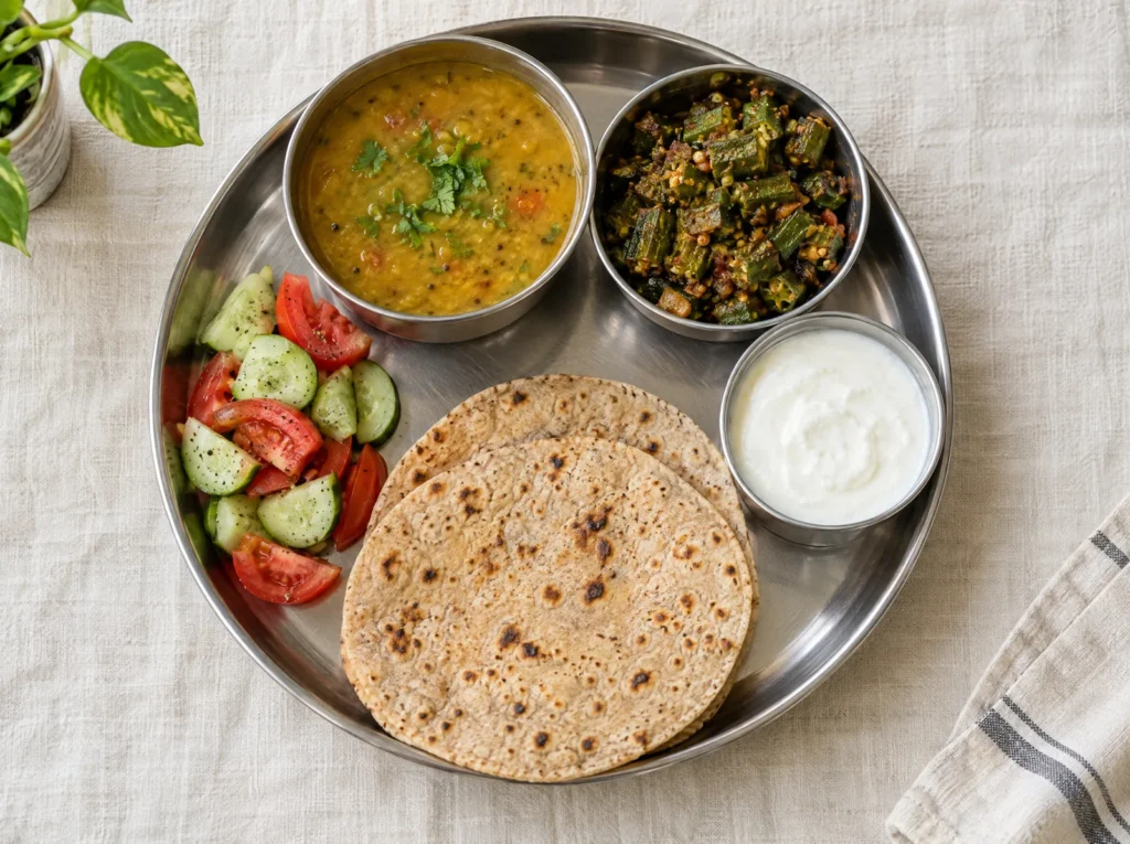 Steel thali with dal, two rotis, bhindi, salad and curd, seen from above