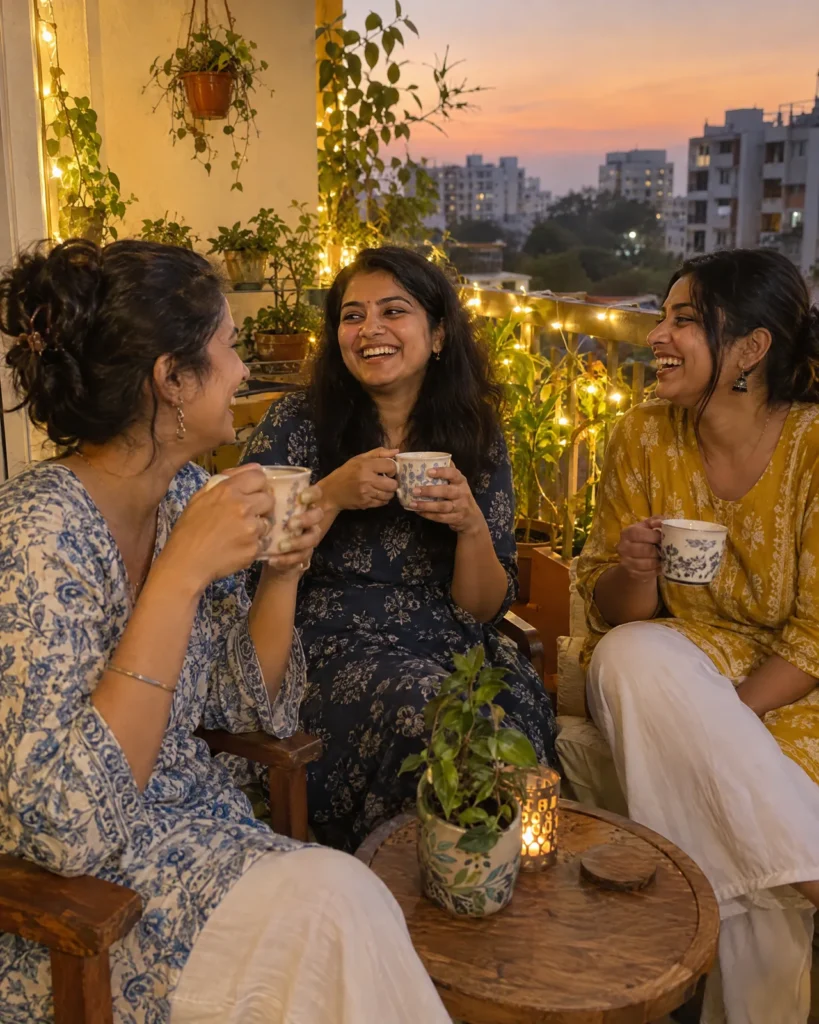 Three women laughing over chai on a balcony in the evening