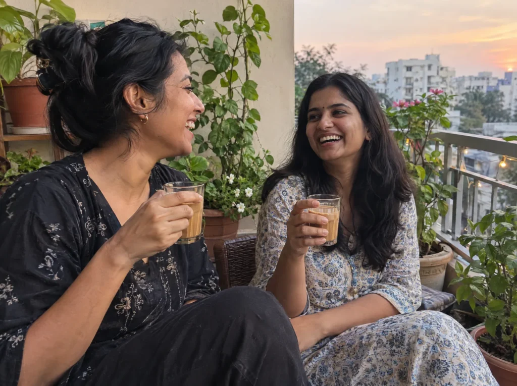 Two friends sharing chai on a balcony
