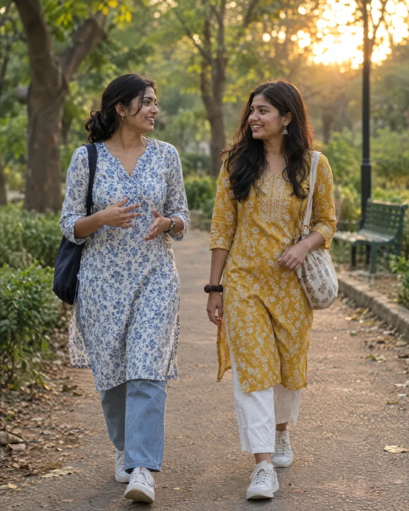 Two young Indian women walking and talking on a park path in the evening