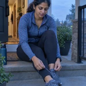 Woman in her thirties lacing her walking shoes at her front door in the early morning