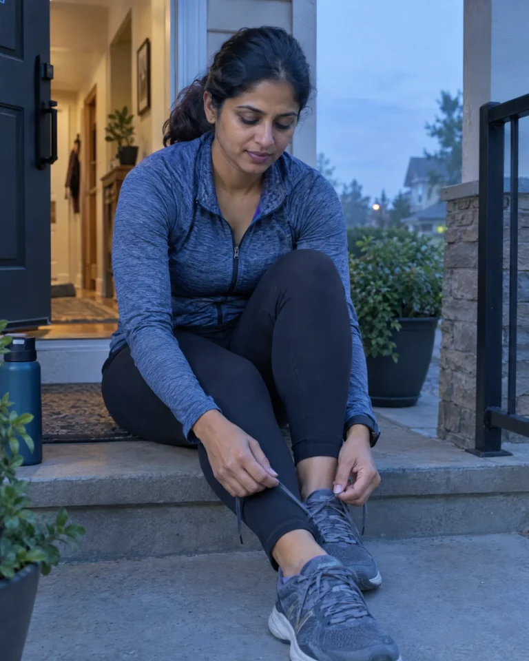 Woman in her thirties lacing her walking shoes at her front door in the early morning