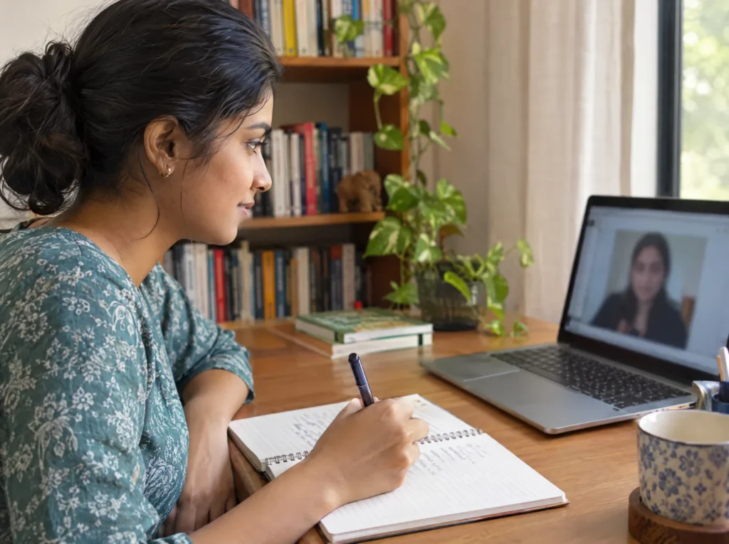 Woman on a video call at her study table, notebook open