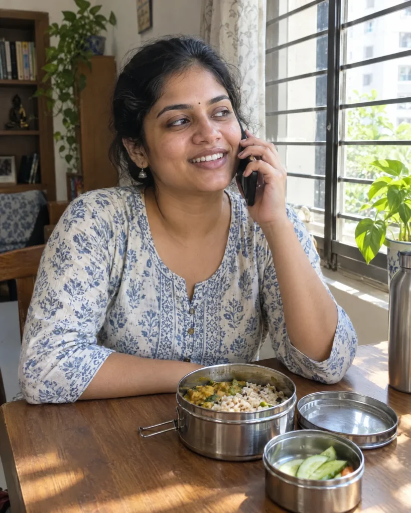 Woman in a cotton kurta on a phone call by a window, an open tiffin on the table