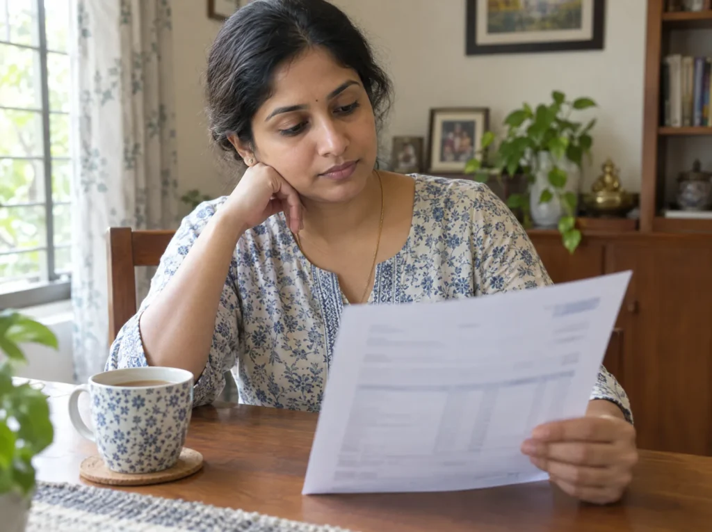 Woman reading a lab report at her table with a cup of tea