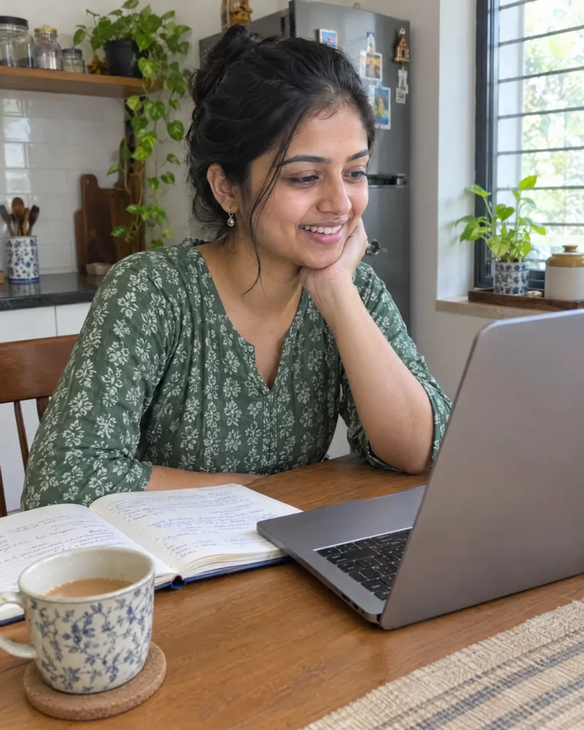 Woman on a video call at her kitchen table with a notebook and a cup of chai